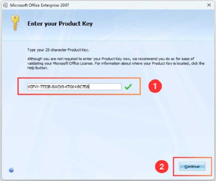 Nhập Key rồi nhấn Continue